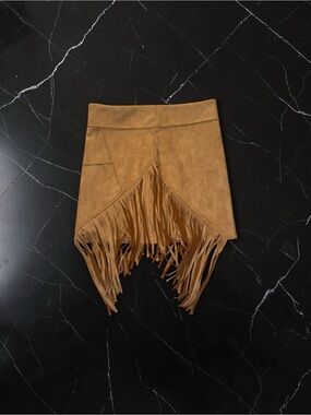 Tan Fringe Suede-Look Mini Skirt